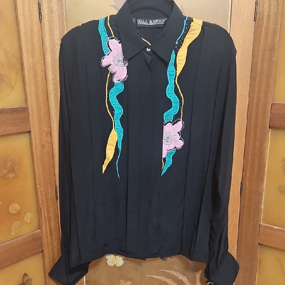 Vintage 80's/90's Della Roufogali Embellished Rockabilly Western Silk Blouse